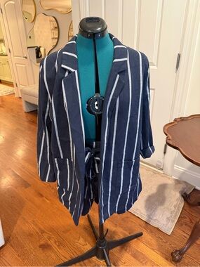 Striped Navy Open-Front Blazer with Waist Tie